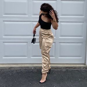 High Waist Satin Cargo Joggers